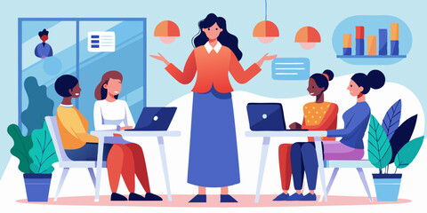 Woman speaker makes a report to company employees at a business meeting
