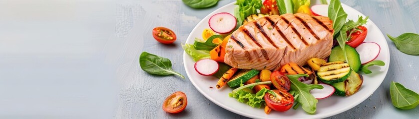 Grilled tuna with vegetable medley, protein-rich, flat design illustration