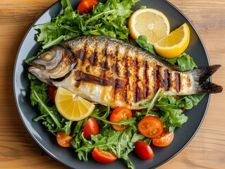 Photo of seasoned grilled fish and green salad on a plate on a wooden table 6