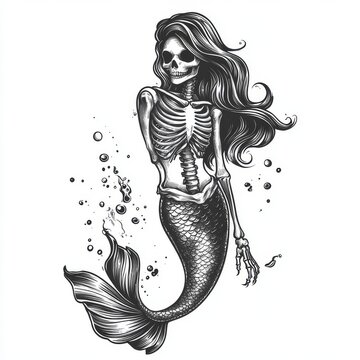 recommend clip art: Illustration of a mermaid skeleton sketch engraving for t-shirt apparel printing. The image is black and white, made with a scratch-board imitation.