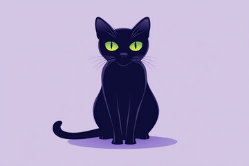 Fototapeta premium Black cat with piercing green eyes is sitting on a purple background, perfect for halloween projects