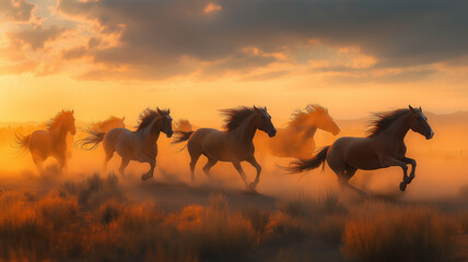Wild Horses Galloping at Sunset