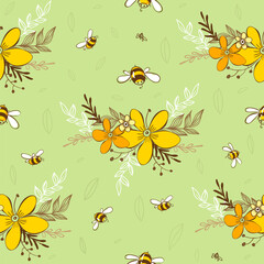 Flowers and bee seamless pattern. Flowers, petals and cartoon bees on a seamless background. Vector illustration.