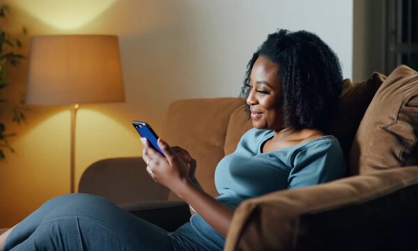 Phone, happy and black woman on a sofa with social media, joke or online comic in her home. Internet, meme and female relax in a living room while reading, browsing and enjoy streaming subscription