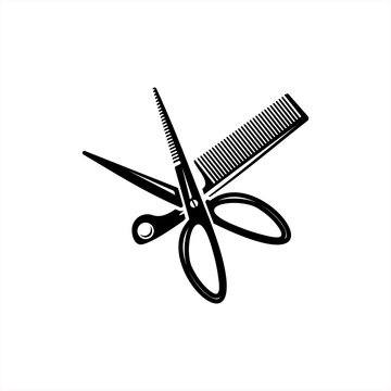 recommend clip art: Scissors and hairbrush graphic icon. Crossed scissors and hair comb sign isolated on white background. Barbershop symbol. Modern vector illustration.