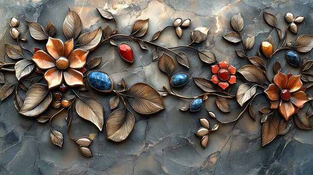 Intricate metal flowers and leaves, adorned with colorful gemstones, create a stunning floral design against a marble background.