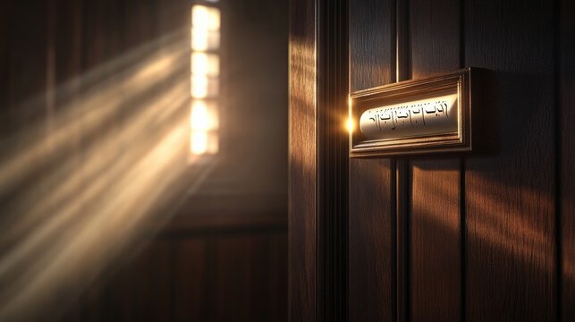 A mezuzah is being carefully affixed to the door frame, with soft sunlight streaming through the nearby window, illuminating the space