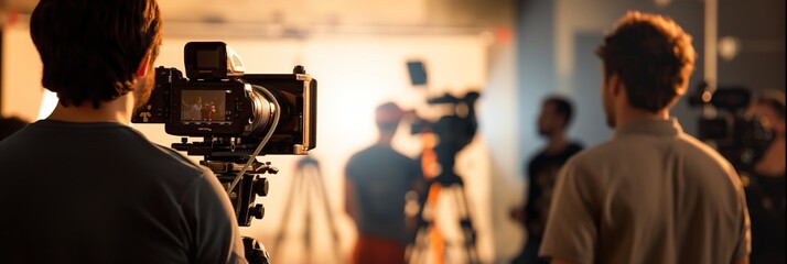 Behind the scenes view of a film crew at work, with cameras and lights capturing the action, showcasing the filmmaking process.