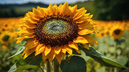Obraz premium Close view of a sunflower with the rich green field stretching into the distance.