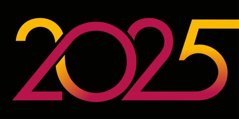 Carte de vœux artistique pour présenter l’année 2025 avec une succession de courbes de couleur rouge et jaune sur un fond noir.
