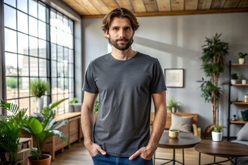 Fototapeta premium T-Shirt Mockup of Man Wearing Plain Charcoal T-Shirt in Outdoor Setting