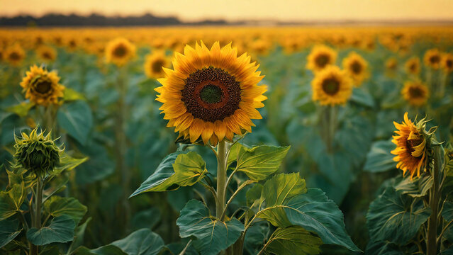 Close view of a sunflower with the rich green field stretching into the distance.