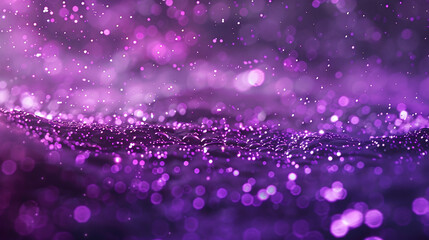 Shiny Fluid with Glitter Paint Flow, Defocused Purple Shimmering Sequin Particles Flickering in Translucent Water Emulsion Spill, Abstract Art Background with Bokeh Lights