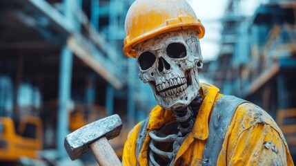 Skeleton in construction worker uniform