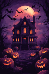 Fototapeta premium Spooky haunted house glowing under the full moon with carved pumpkins in the foreground and bats flying