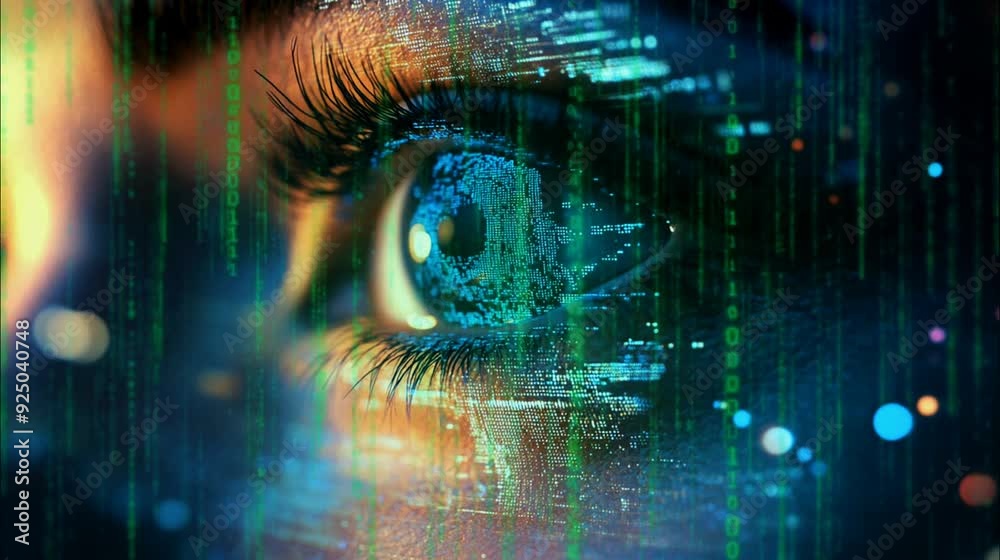 Wall mural seamless looping 4k time-lapse animation video background of a close-up eye with digital data integr