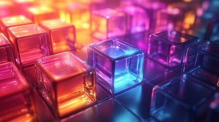Colorful illuminated glass cubes arranged beautifully at night in a vibrant display