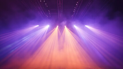 A dramatic concert stage with intense spotlights and colorful laser lights cutting through atmospheric smoke, creating a mesmerizing visual experience