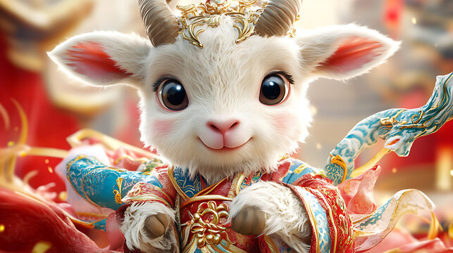 11. A charming lamb with big eyes, wearing exquisite Chinese mythology-themed clothing, elegantly framed by a rich red background, in HD 32K UHD 