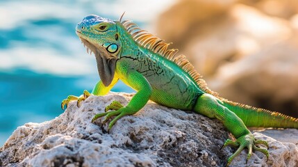 Fototapeta premium A green iguana basking in the sunlight on a rock, with its scaly skin and long tail, highlighting the reptile's natural habita