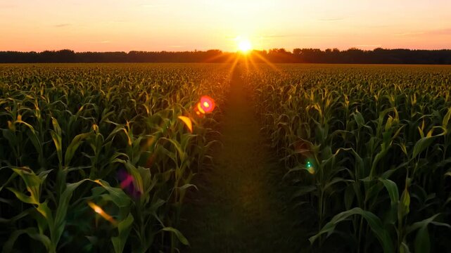 Golden sunset over a cornfield in early summer