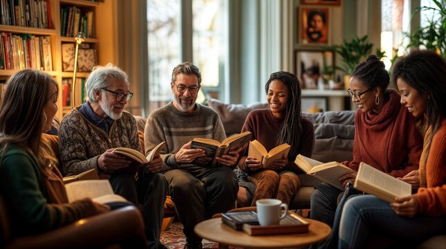 A snapshot of a joyful moment in a cozy reading group. People gathered in a comfortable living room, sharing their love for books and enjoying each others company