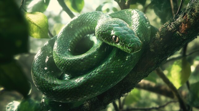 A green snake coiled in the branches of a tree, with its scales shimmering in the sunlight, portraying the beauty of reptilian life.
