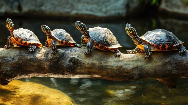 A group of turtles sunbathing on a log, each with unique shell patterns, illustrating the diversity of reptilian species.