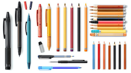 Fototapeta premium Pens and pencils in diverse colors and sizes, neatly arranged in a row, embodying creativity and organization.