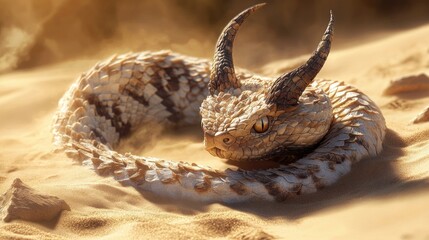 Obraz premium A horned viper coiled in the sand, with its horns raised and eyes fixed on the horizon, ready to strike.