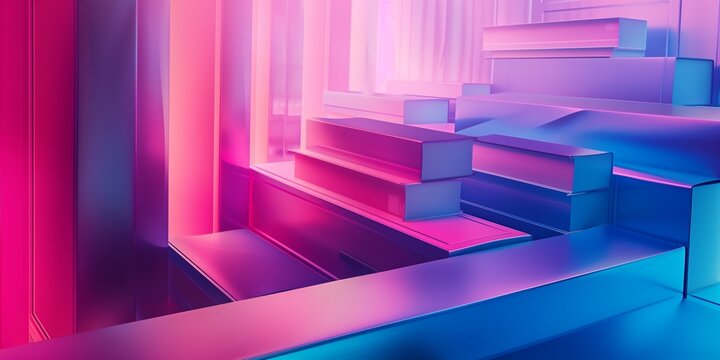 Abstract background with books and gradient backdrop with bright pink and blue hues.