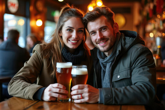 A couple looking at the camera while drinking beer together in a cosy pub.