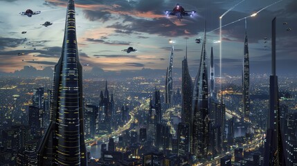 Obraz premium Futuristic Cityscape with Flying Cars
