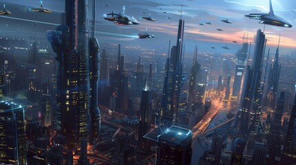 Naklejka premium Futuristic Cityscape with Flying Vehicles