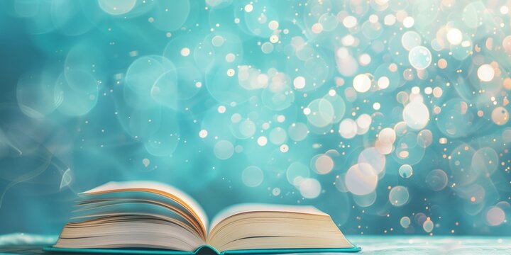 Abstract background with books and light blue backdrop with blurred bokeh.