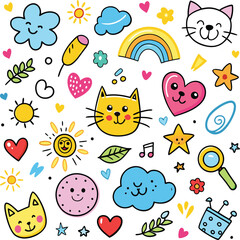 Fototapeta premium Seamless pattern featuring playful hand-drawn icons such as a cheerful sun, blooming flower, heart, cute cat, happy dog, colorful rainbow, fluffy cloud, and smiling faces. These elements create a whim