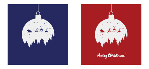 Set of vector greeting cards Christmas ball design of Santa Claus flies in a sleigh with reindeer over the forest and Christmas trees blue and red background.  © Sss ART