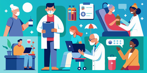 Set of medical care scenes. Doctor and patient, ultrasound examination, caring for the elderly
