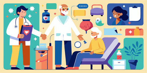 Set of medical care scenes. Doctor and patient, ultrasound examination, caring for the elderly
