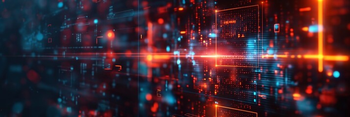 Obraz premium An abstract tech-themed background featuring red and blue glowing lights and circuit-like patterns, representing modern digital technology.