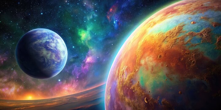 Exoplanet with a colorful atmosphere and a large moon , space, astronomy, extrasolar, planet, atmosphere, moon, celestial