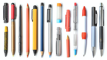 Pens, pencils, and other writing implements in an organized layout, showcasing creativity and productivity through vibrant colors.