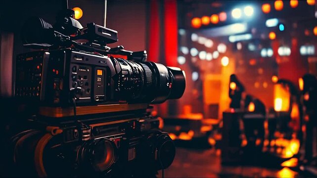 Behind the scenes of filming video production. film crew on the set in film studio. Backstage video production recording. 