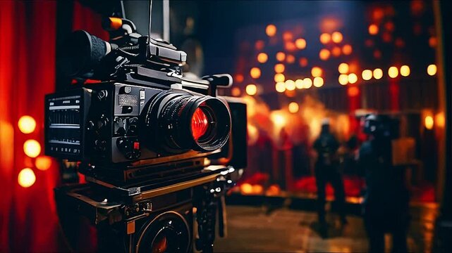 Behind the scenes of filming video production. film crew on the set in film studio. Backstage video production recording. 