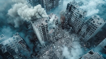 city destruction aerial view , warzone aerial footage
, missile damage bird's eye , destroyed city drone footage
