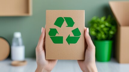 Hands holding a recycled cardboard box with a green recycling symbol, promoting sustainability and eco-friendly practices.