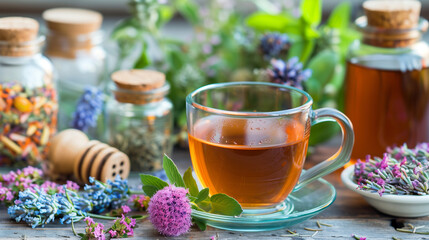 herbal tea in class mug with herbs arround