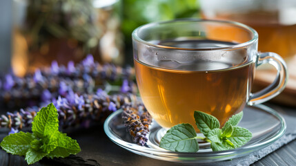 herbal tea in class mug with herbs arround