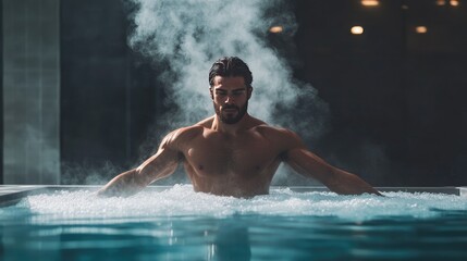 A muscular man submerges himself in an ice plunge pool bath, steam rising from his body, showcasing recovery after an intense sports exercise session.