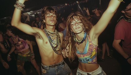 Disposable camera Kodak Gold 200 style wide shot of a a guy and a girl, doing a dance off at a rave